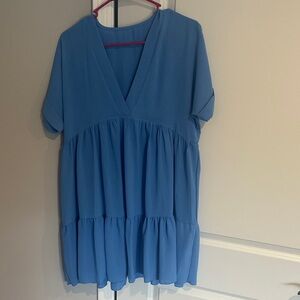 Blue V-Neck Tiered Mini Dress